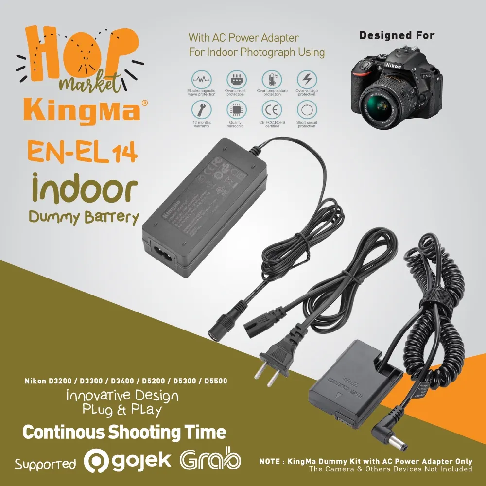 KingMa Dummy Battery Kit EN-EL14 Indoor with AC Power Supply Adapter for  Nikon D5200, D5100, D3200, D3100, P7100 etc
