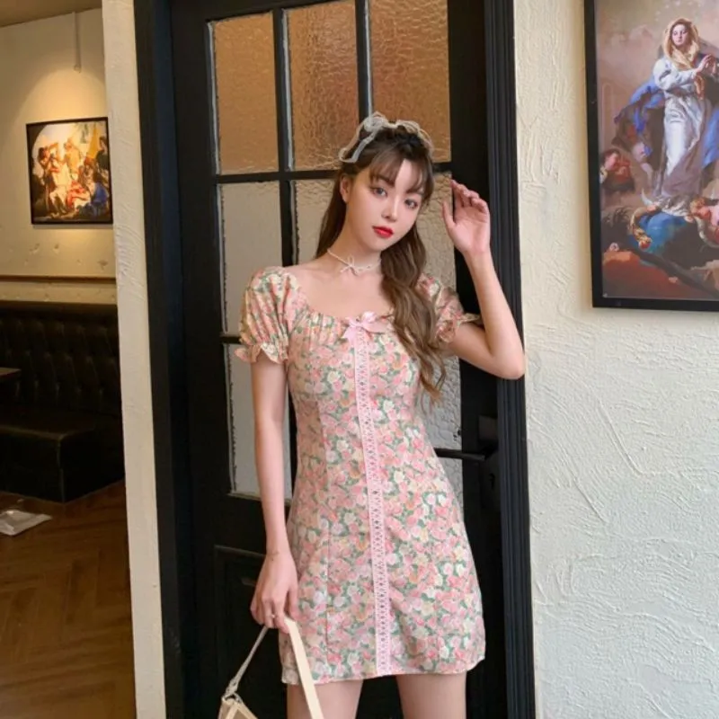 midi dress vintage korean sabrina Jual Korean vintage midi dress sabrina motif flower square neck / Gaun wanita murah bergaya Korea kekinian motif bunga impor